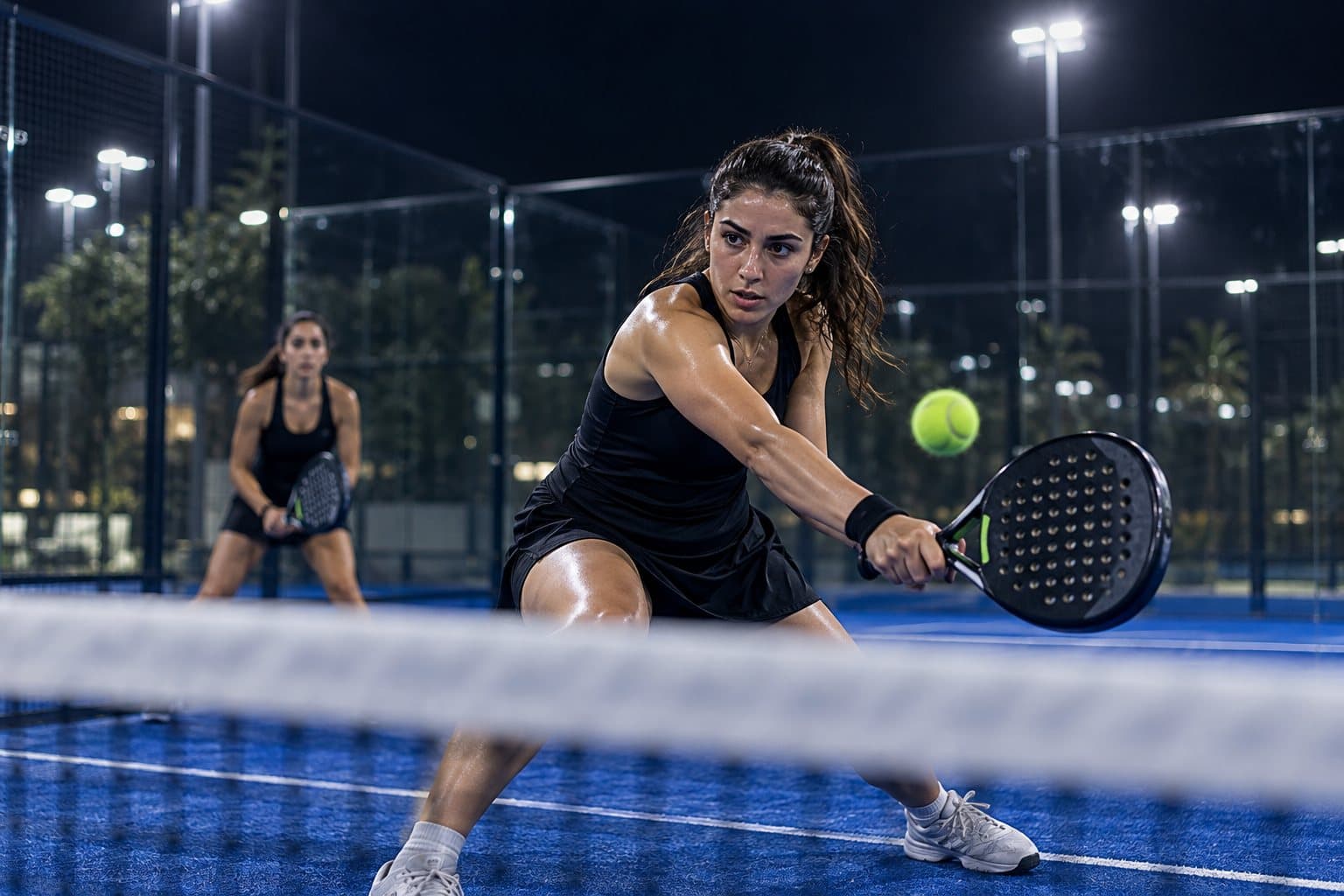 Two women playing a padel rally under floodlights